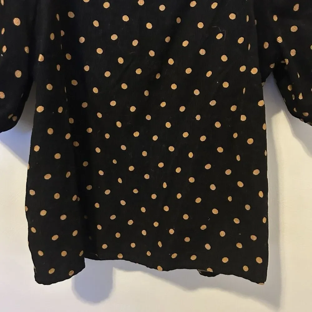 Madewell Top Womens Size XXS Corduroy Puff Sleeve Black Tan Polka Dot Romantic
